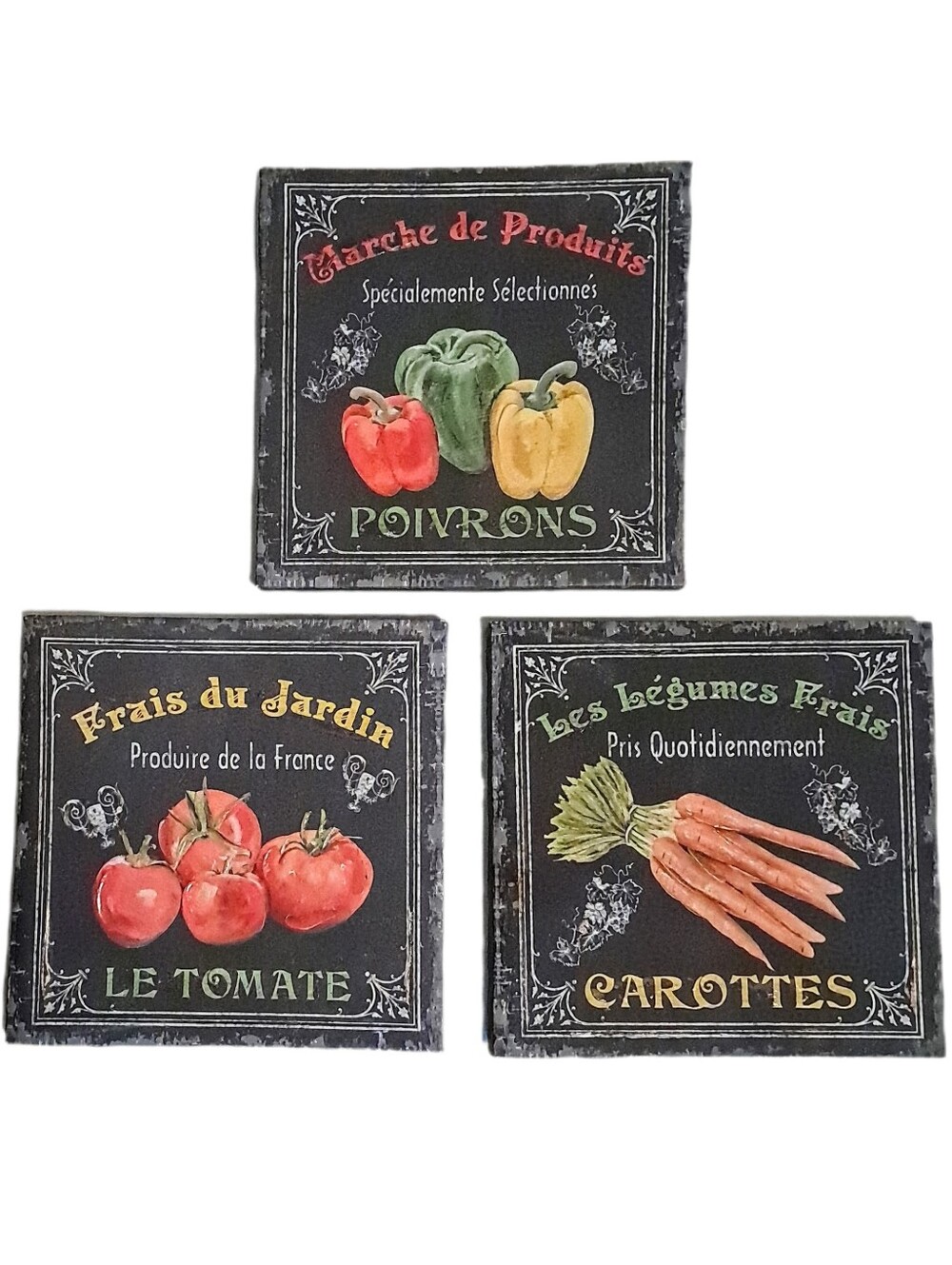 Vintage Style French Vegetable Canvas Wall Art Set Of 3 Chalkboard Farmhouse 12"